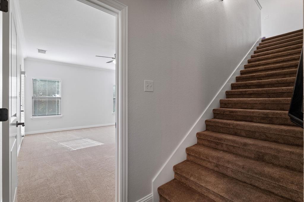 3511 West J E Woody Road Springtown, TX 76082 - Photo 16 of 34 Staircase with carpet flooring, ornamental molding, ceiling fan, and a textured wall