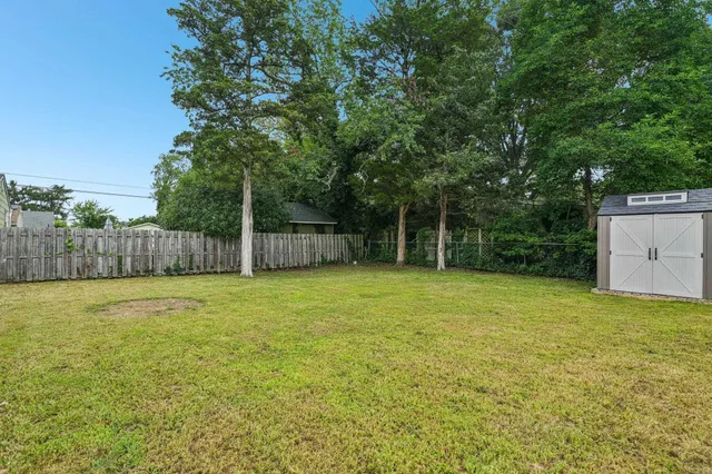 a view of a yard with a house and a large tree