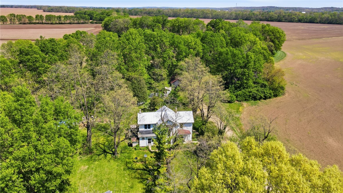 1444 Eagle City Road Springfield, OH 45504 - Photo 3 of 50 This captivating aerial view showcases a residence nestled amidst lush trees and expansive farmland.