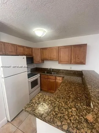 a kitchen with granite countertop a stove a sink and a microwave