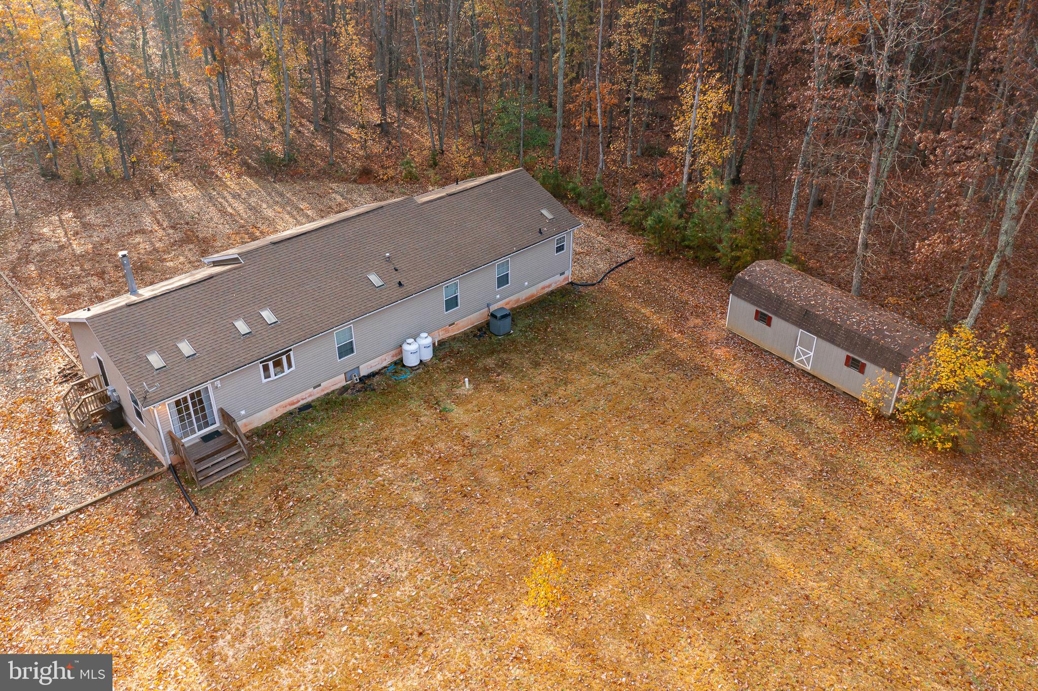 Large back yard with shed surrounded by tall trees