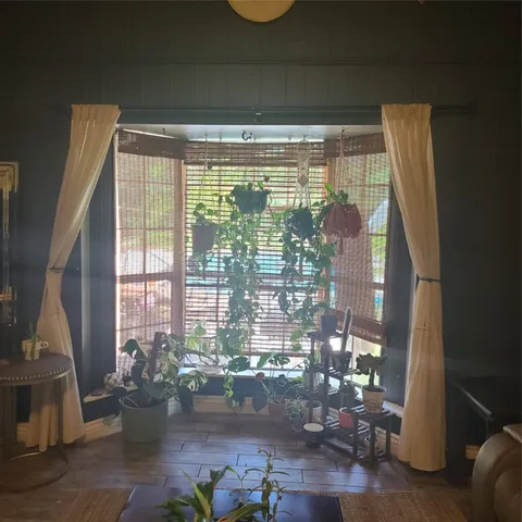 a room with water view and a potted plant