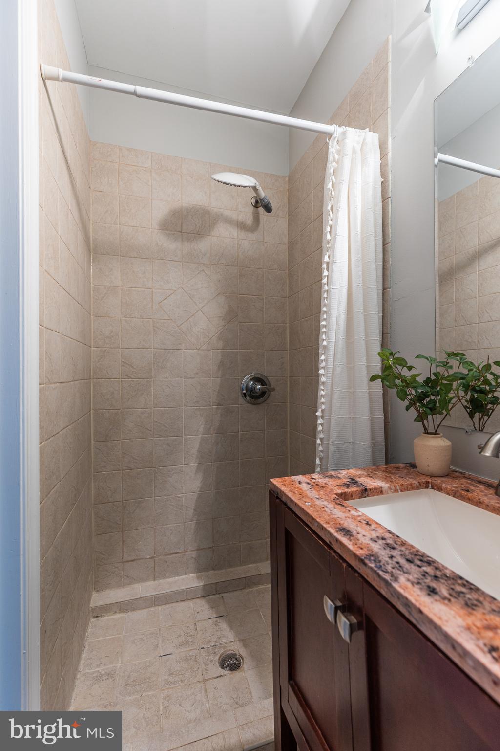 305 South Castle Street Baltimore, MD 21231 - Photo 18 of 28 a bathroom with a granite countertop shower a sink and a mirror