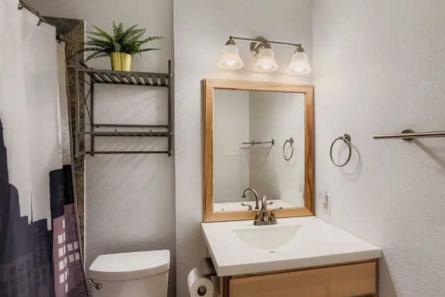 a bathroom with a sink a toilet and a mirror