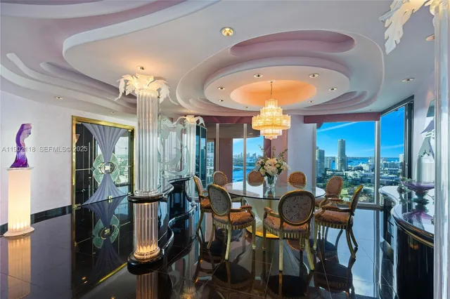a view of a dining room with furniture window and outside view