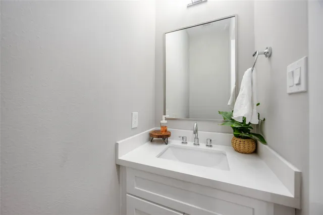 a bathroom with a sink and a potted plant