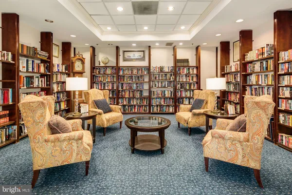 a living room with furniture and a book shelf