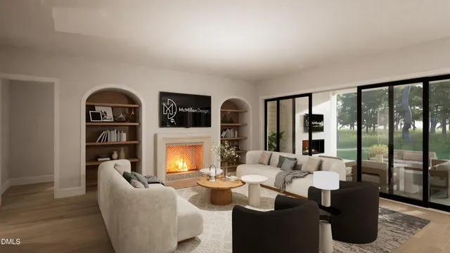 a view of an empty room with a fireplace