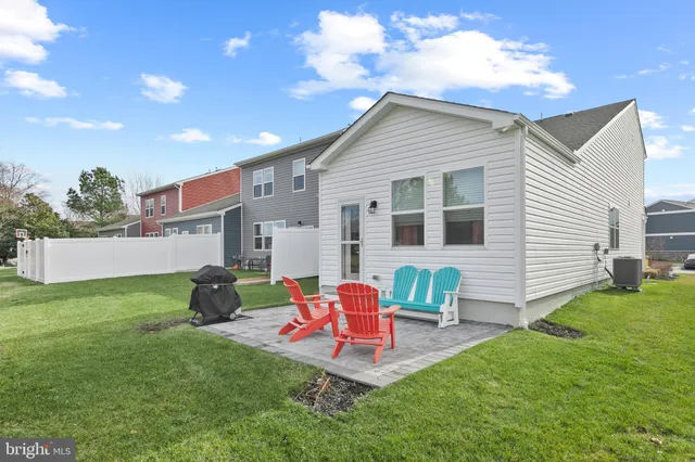 a backyard of a house with table and chairs