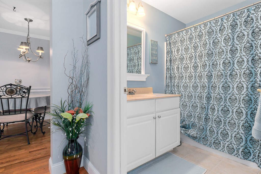 19 Broad Street, Unit 203 Merrimac, MA 01860 - Photo 17 of 20 a bathroom with a sink a mirror and a shower curtain