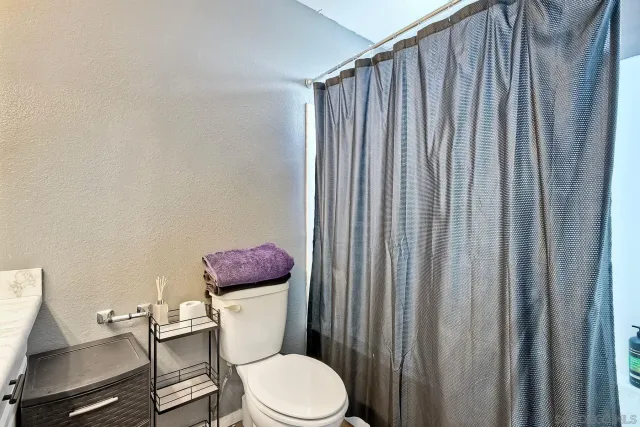a bathroom with a toilet a sink and curtain