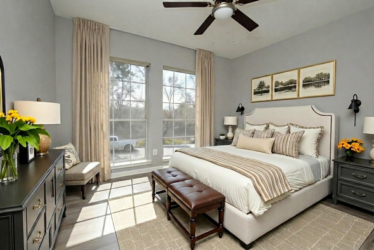 7514 Danehill Drive Spring, TX 77389 - Photo 12 of 19 a bedroom with a bed a chandelier and a window