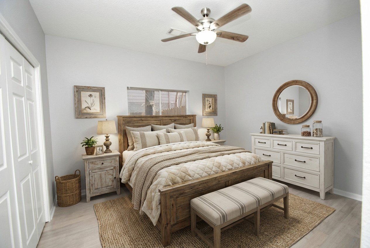 7514 Danehill Drive Spring, TX 77389 - Photo 15 of 19 a bedroom with a bed and a chandelier