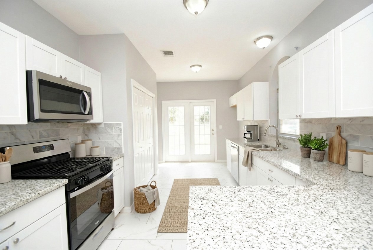 7514 Danehill Drive Spring, TX 77389 - Photo 6 of 19 a kitchen with stainless steel appliances granite countertop a stove top oven a sink a dining table and chairs with white cabinets