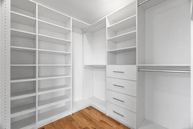 a view of walk in closet with empty racks