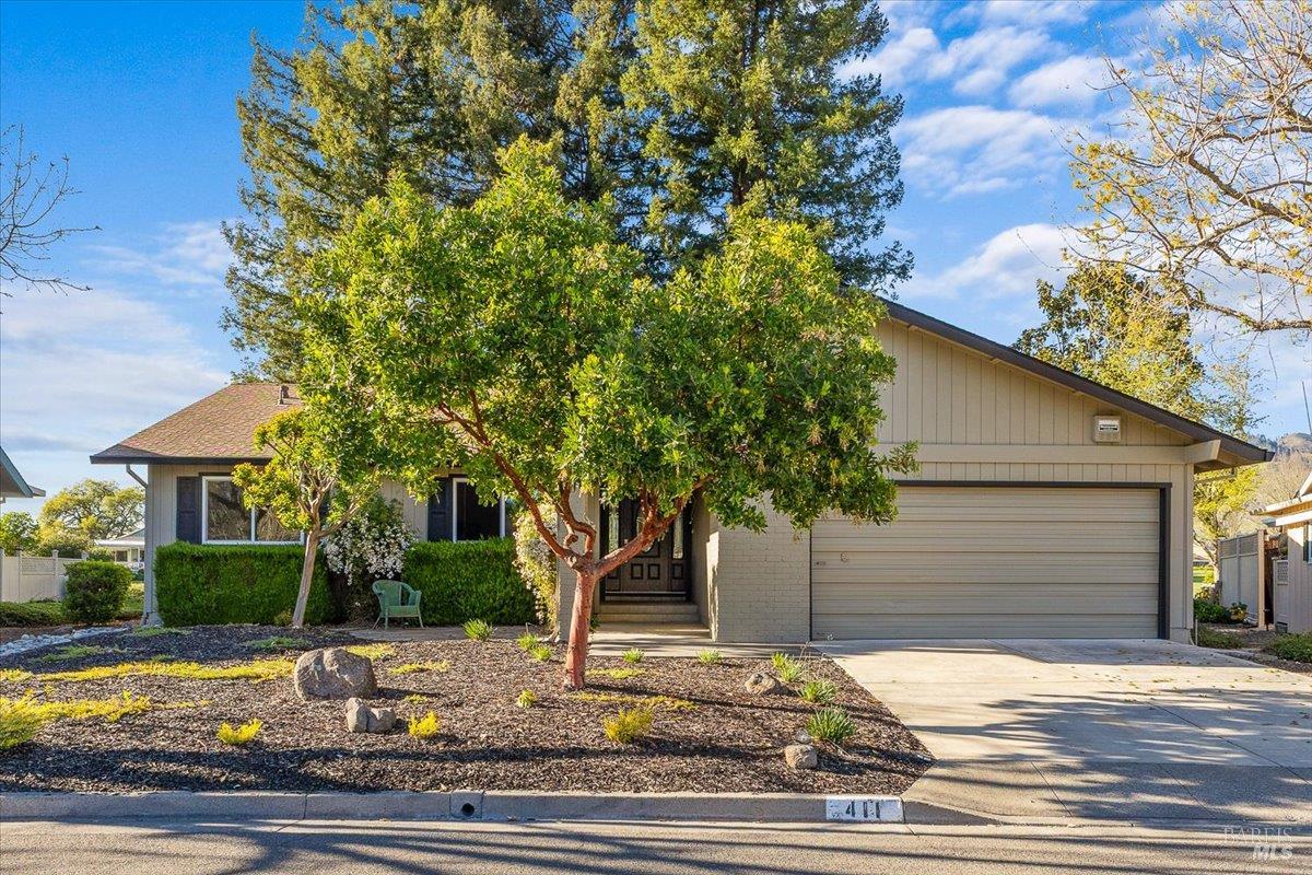 a view of a house with a tree tree and wooden fence
