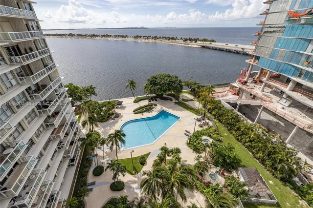 a view of a lake with a city