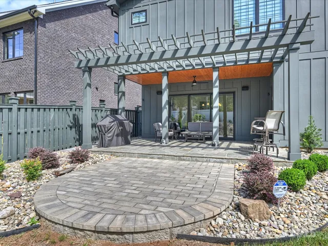 front view of a house with a patio
