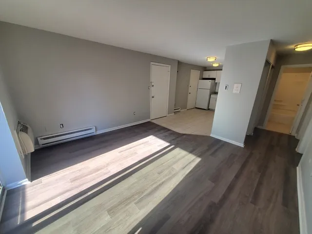 a view of empty room with wooden floor