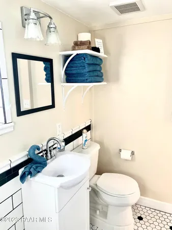 a bathroom with a sink a toilet and mirror