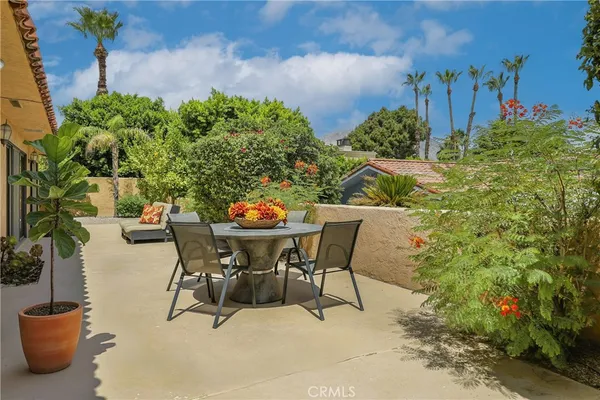 a view of a backyard with plants and outdoor seating