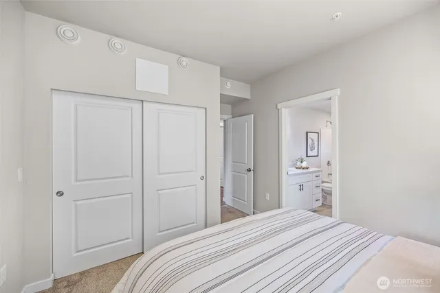 a bedroom with a bed and a closet