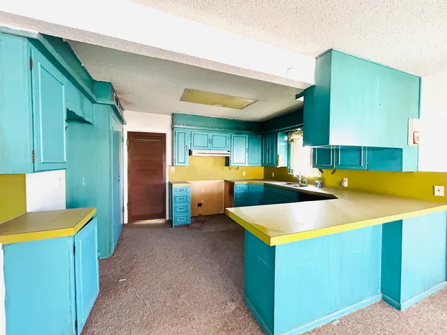 a kitchen with a sink and a refrigerator