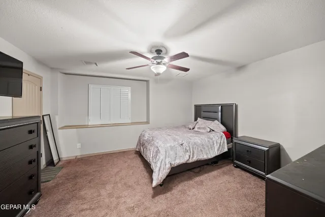 a bedroom with a bed and a ceiling fan