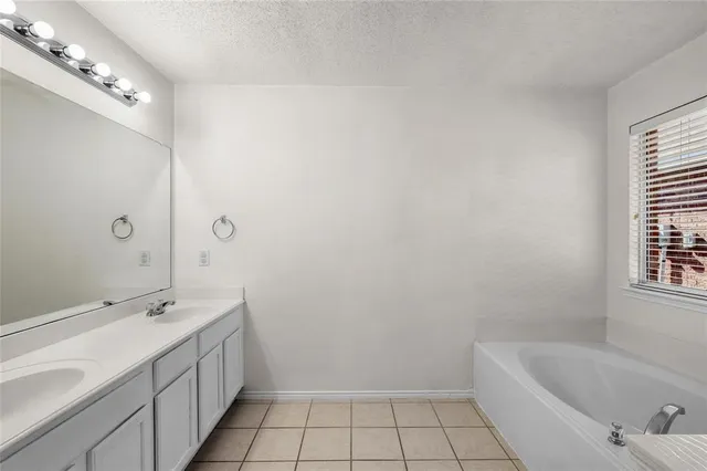 a bathroom with a tub a sink and mirror