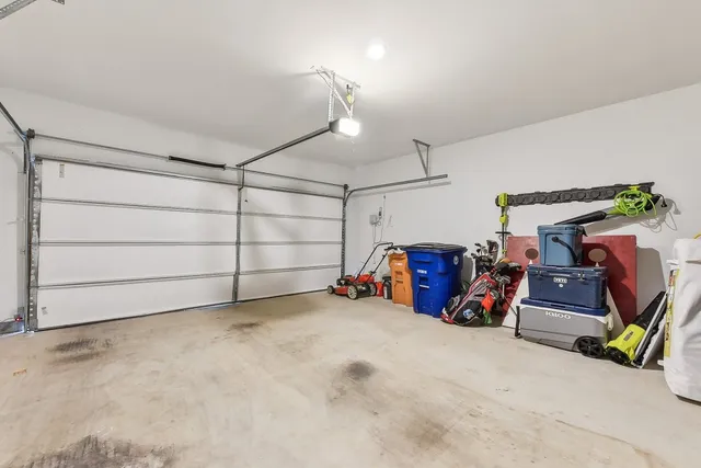 a view of a garage with storage