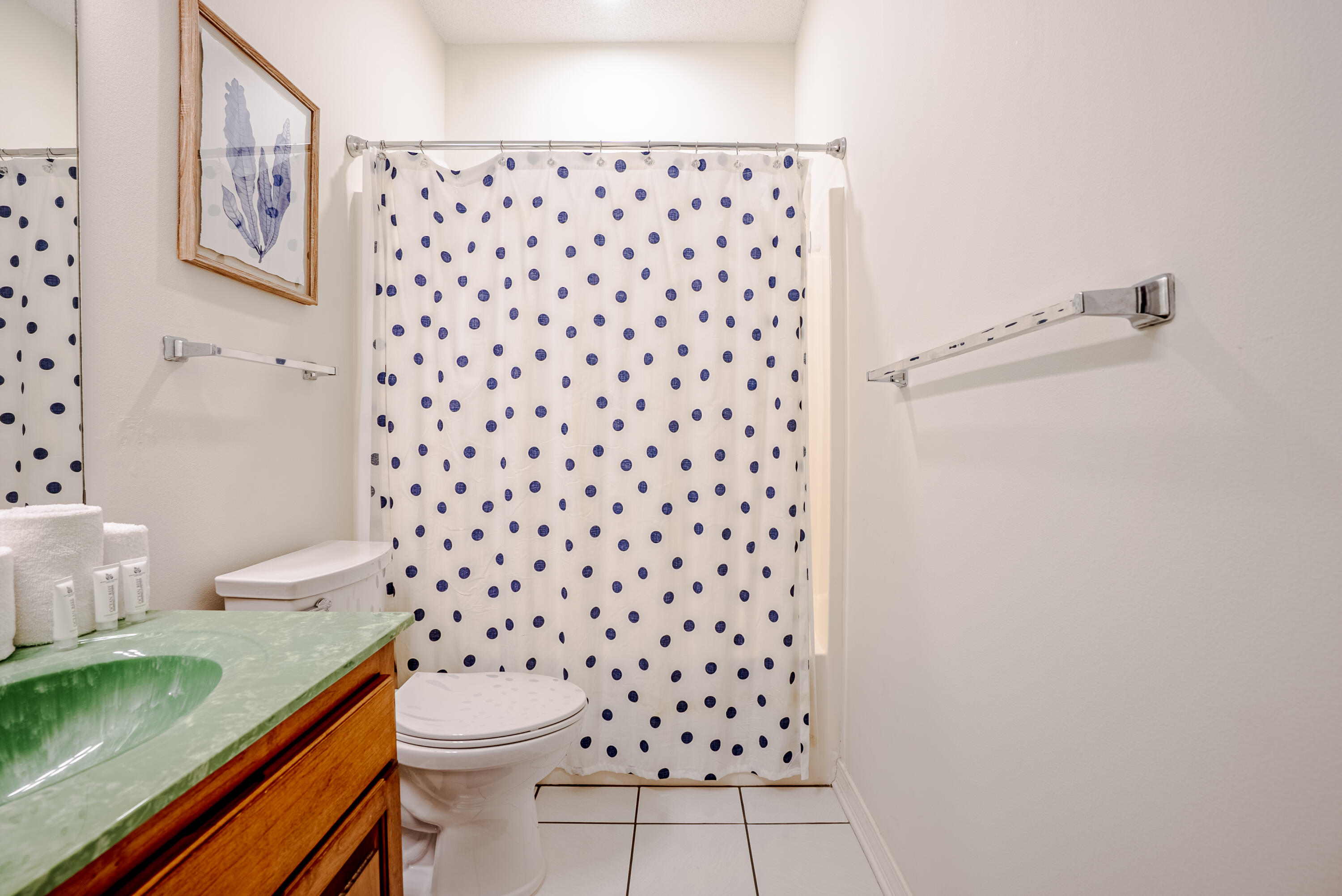 10 Mar-A-Lago Boulevard, Unit 14 Santa Rosa Beach, FL 32459 - Photo 16 of 47 a bathroom with a granite countertop toilet and a shower curtain