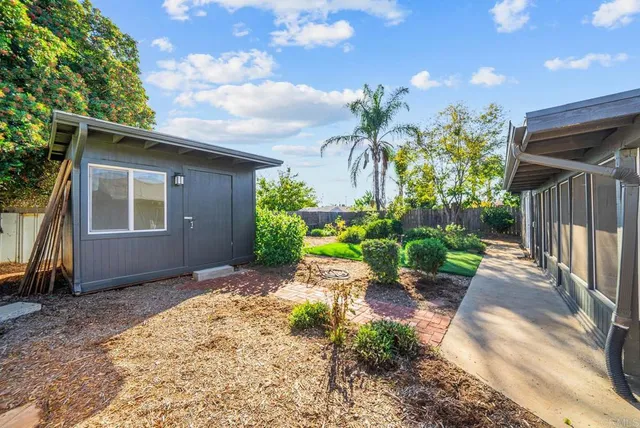 a view of a backyard with potted plants and a large tree