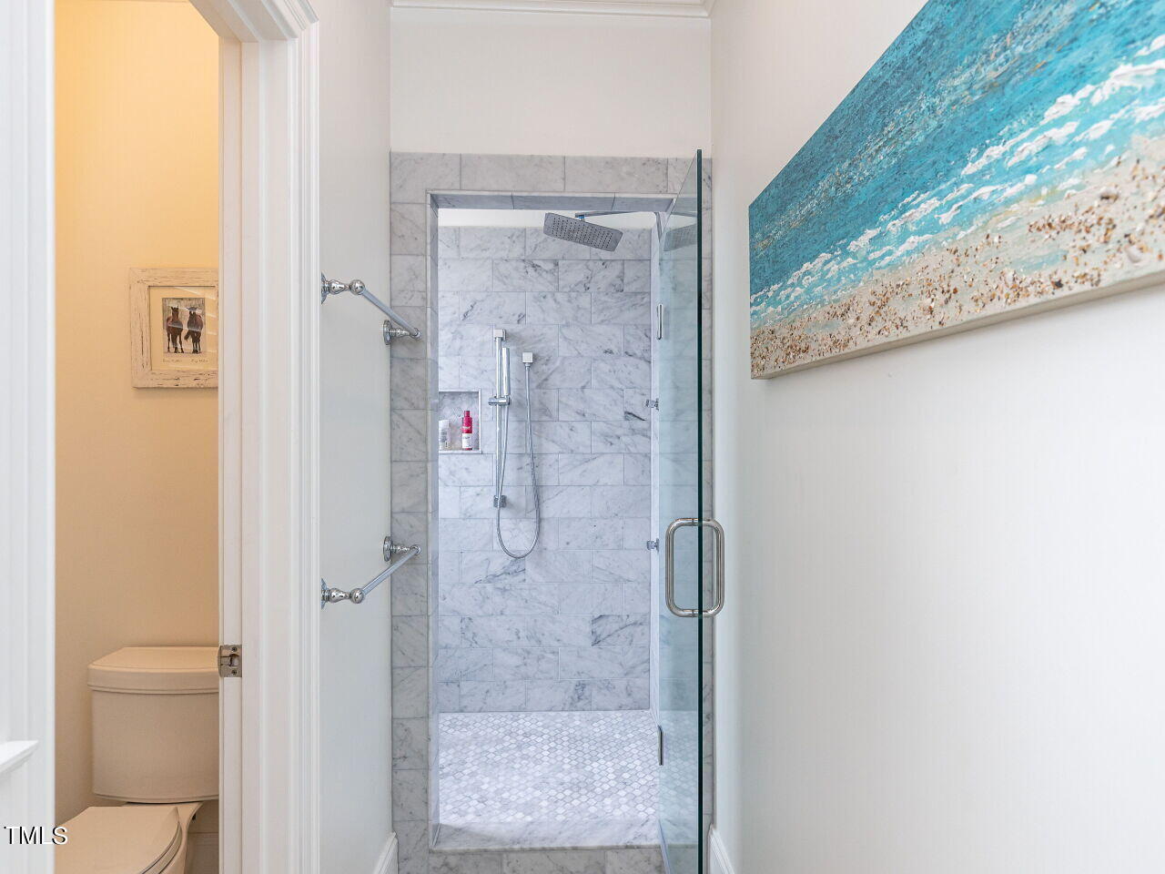 543 Guilford Circle Raleigh, NC 27608 - Photo 11 of 46 a bathroom with a granite countertop shower and a toilet