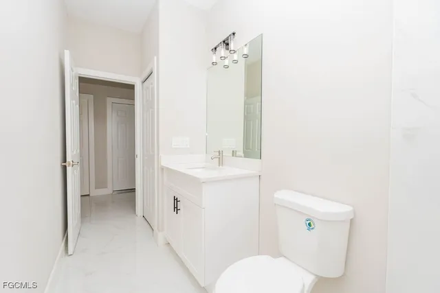 a bathroom with a sink mirror vanity and toilet