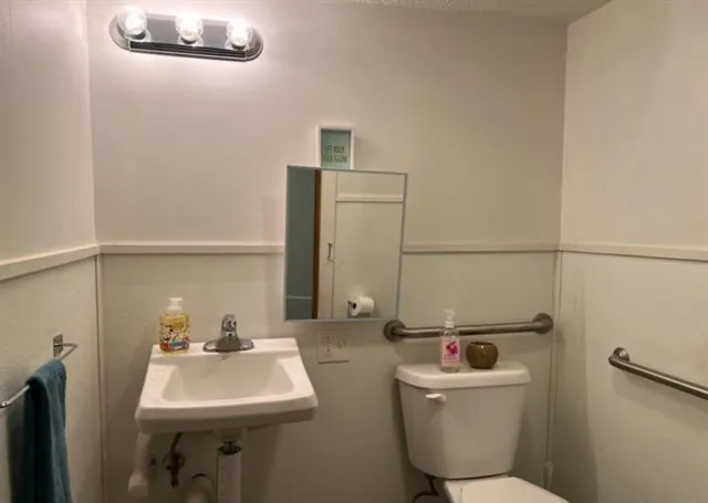 a bathroom with a sink mirror and toilet