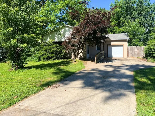a backyard of a house with yard and tree