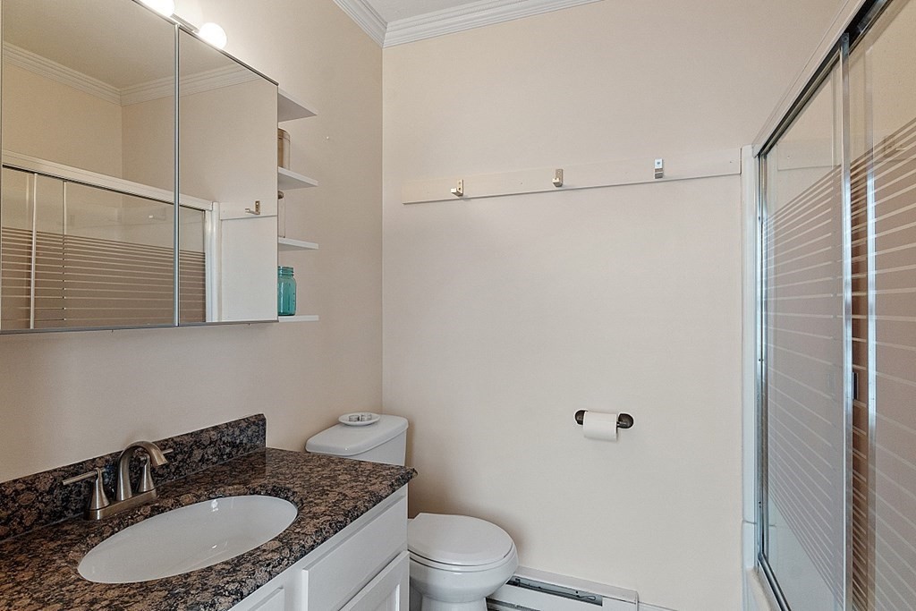 52 Providence Street, Unit 3 Worcester, MA 01604 - Photo 21 of 21 a bathroom with a granite countertop sink a mirror and a toilet