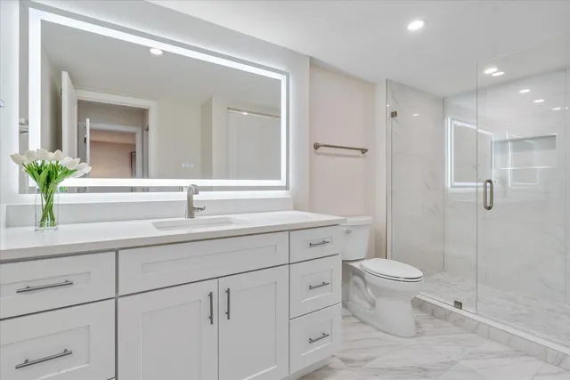 a bathroom with a sink a toilet and shower