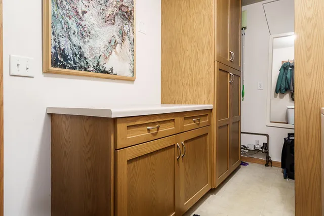 a view of a storage and utility room with a door