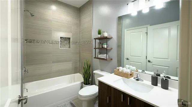 a bathroom with a bathtub shower sink vanity mirror and toilet