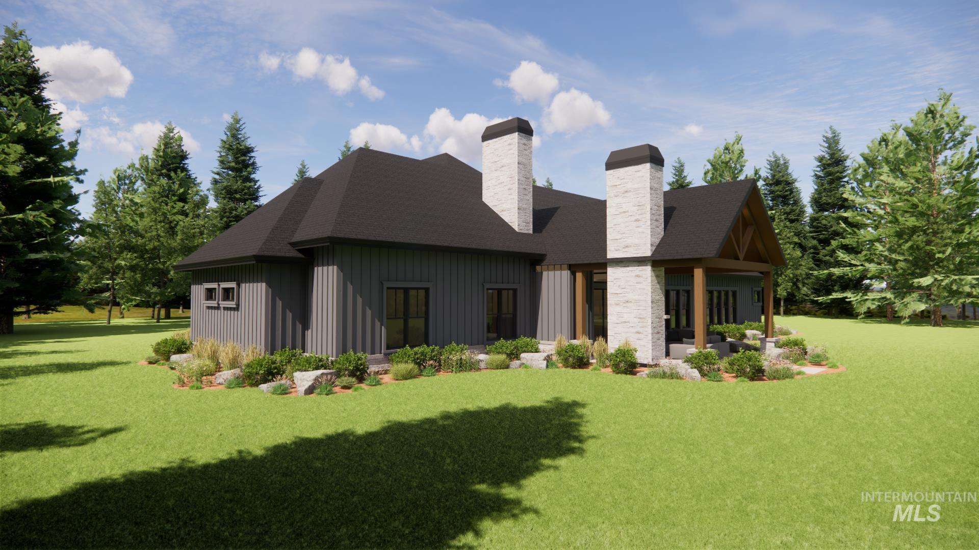 13910 Sky View Court, Unit 8 McCall, ID 83638 - Photo 16 of 40 Rear view of house featuring a lawn, a chimney, roof with shingles, and board and batten siding