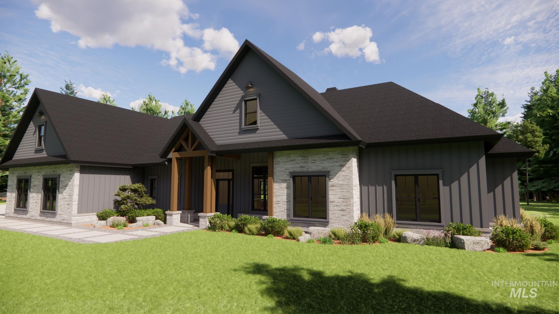 13910 Sky View Court, Unit 8 McCall, ID 83638 - Photo 17 of 40 View of front of home with board and batten siding, a front lawn, roof with shingles, and stone siding