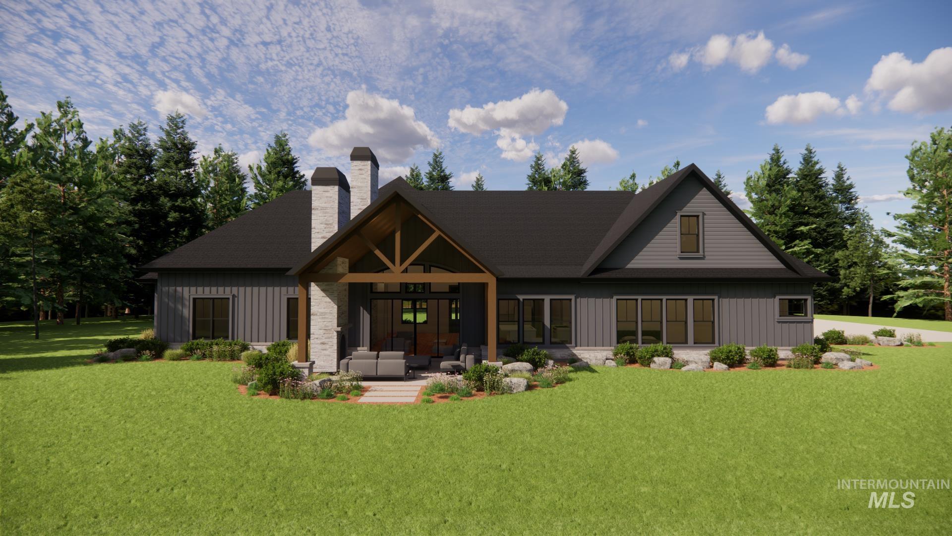 13910 Sky View Court, Unit 8 McCall, ID 83638 - Photo 37 of 40 Rear view of property featuring an outdoor living space, a lawn, a chimney, and board and batten siding