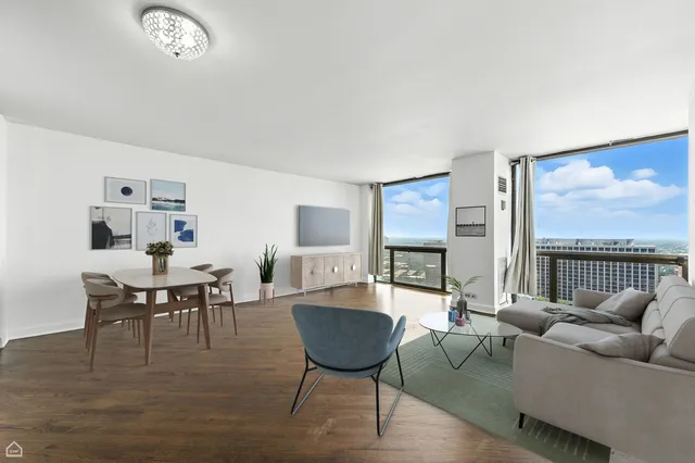 a living room with furniture a rug potted plant and a large window