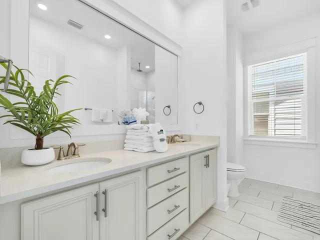 a bathroom with a granite countertop sink a potted plant and a window