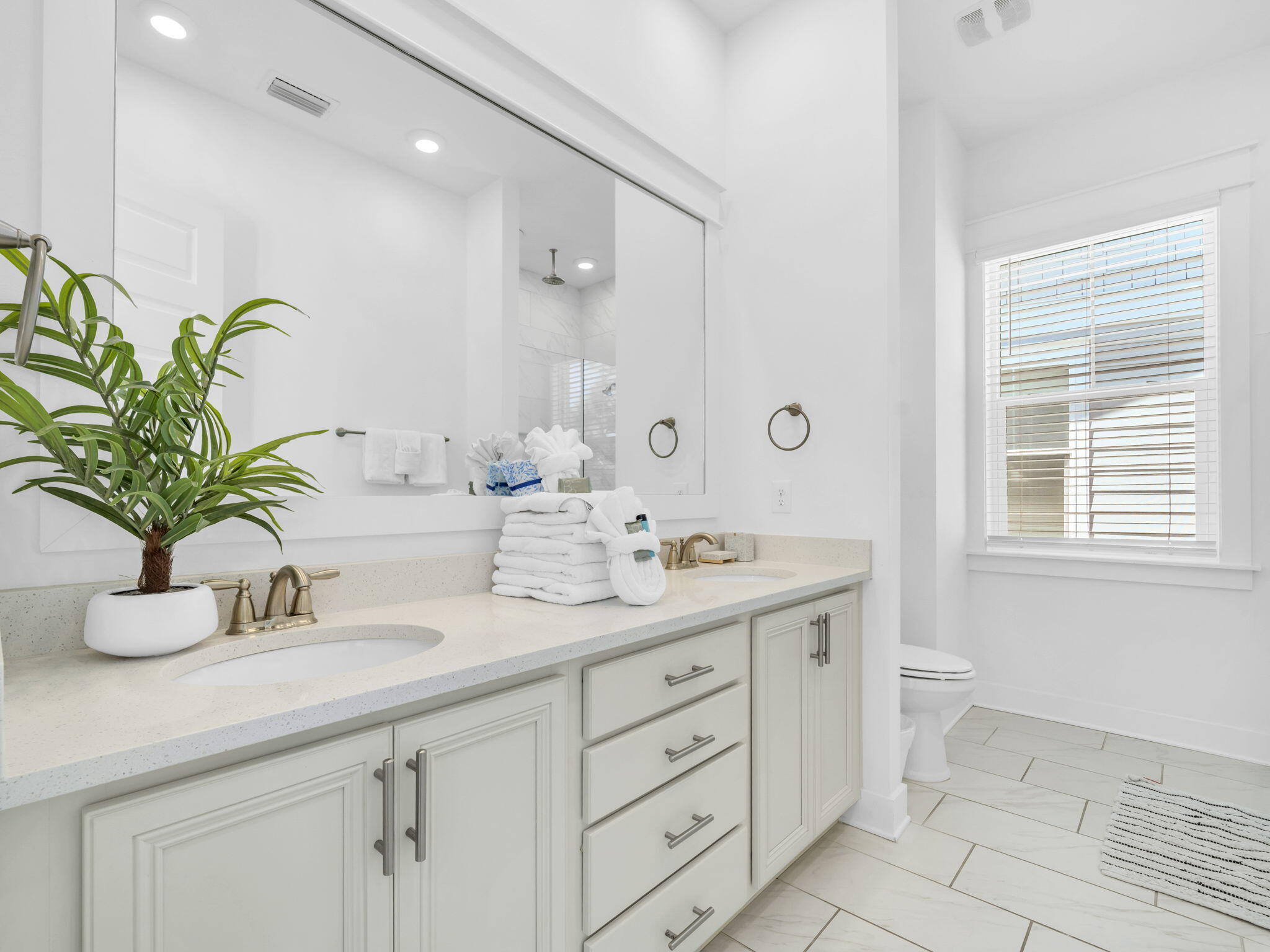 282 Milestone Dr Inlet Beach, Unit B Inlet Beach, FL 32461 - Photo 31 of 42 a bathroom with a granite countertop sink a potted plant and a window