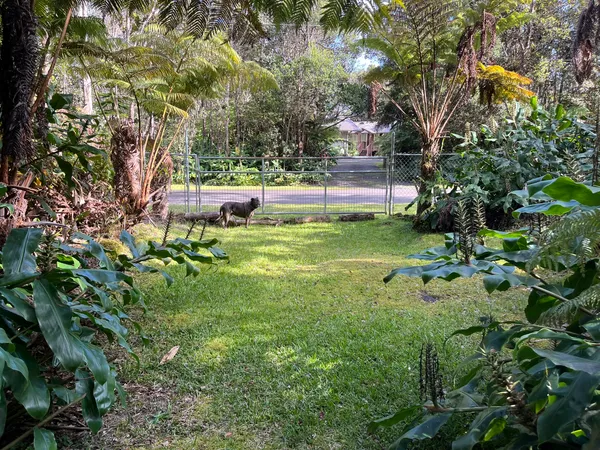 a backyard of a house with table and chairs