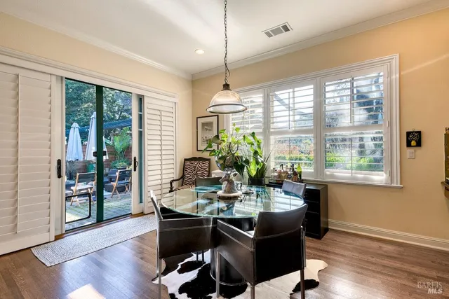 a view of a dining room with furniture window and wooden floor