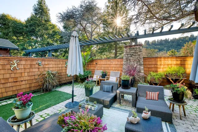 a garden view with a seating space