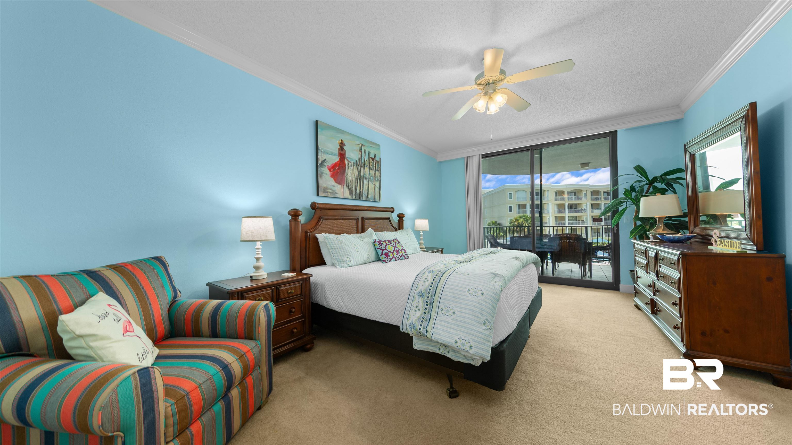 27582 Canal Road, Unit 2207 Orange Beach, AL 36561 - Photo 6 of 25 Bedroom featuring ornamental molding, access to exterior, light carpet, a ceiling fan, and a textured ceiling